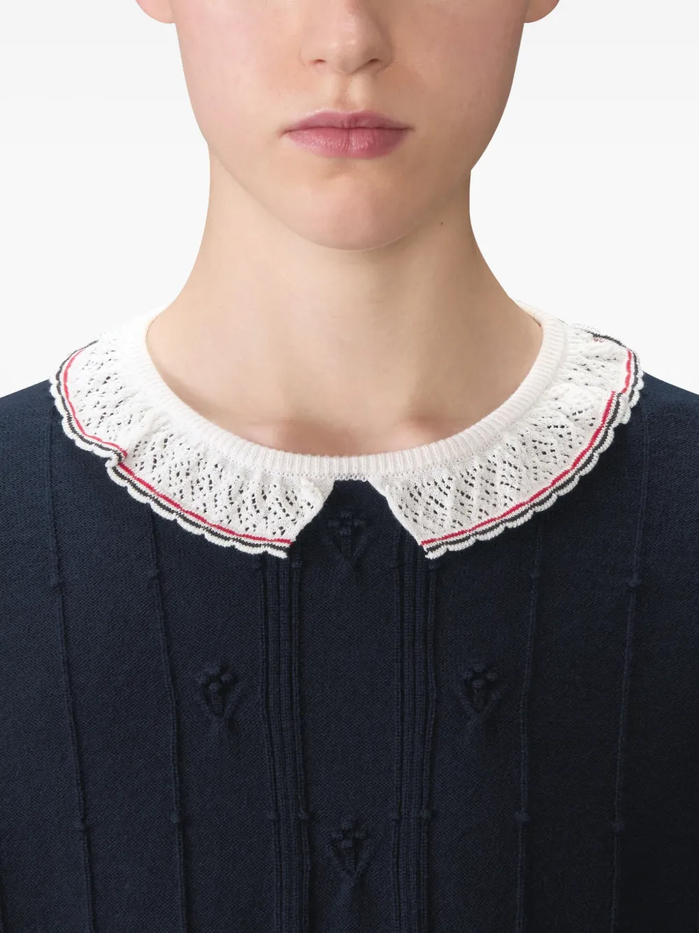 Close up of navy top,showing texture of the cotton fabric