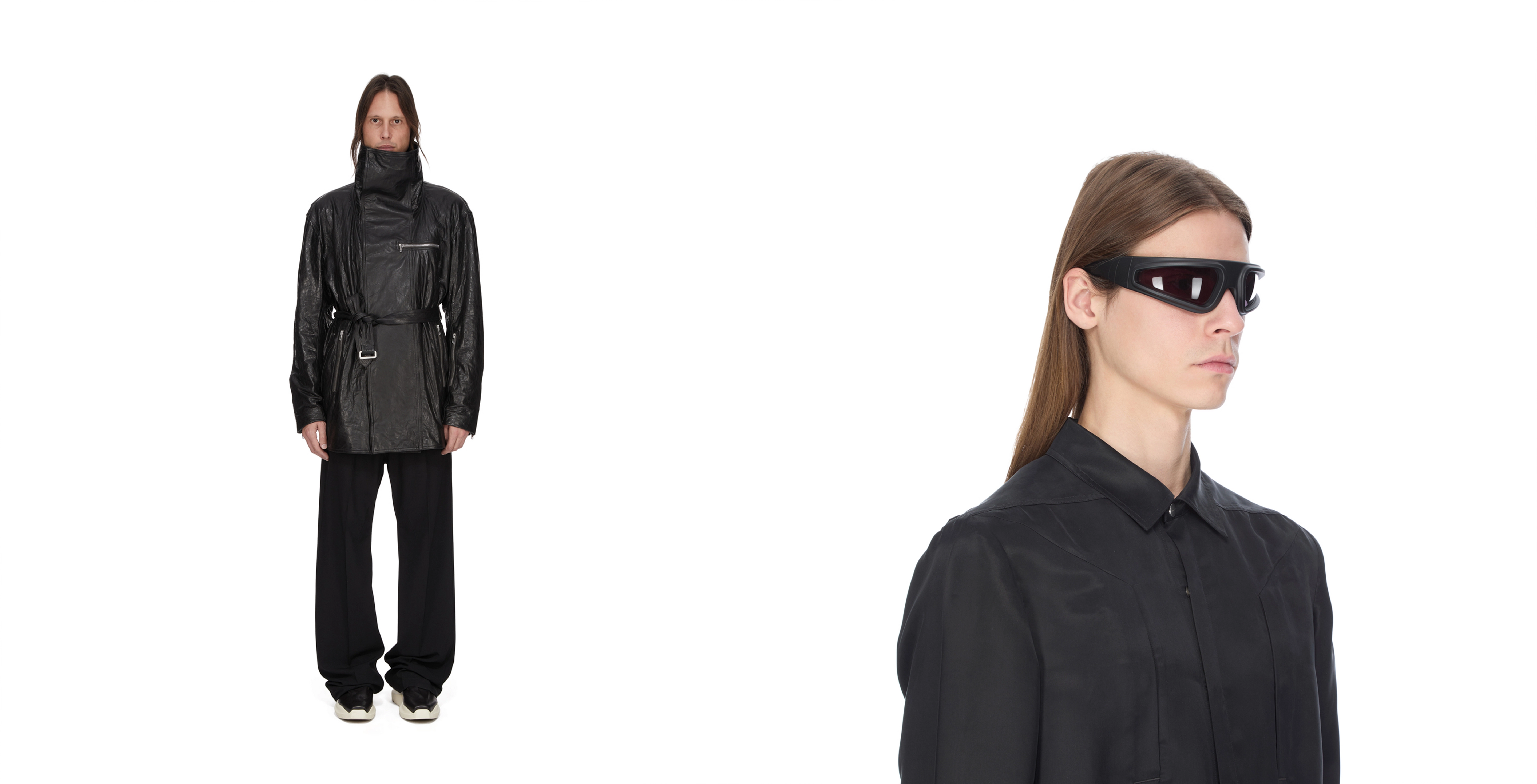 Two models in Rick Owens SS26 collection feature: Dracucaban jacket full look left, Ryder sunglasses close-up right.