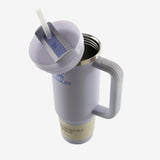 Close up of the blue tumbler, showing texture of the recycled 18/8 stainless steel fabric