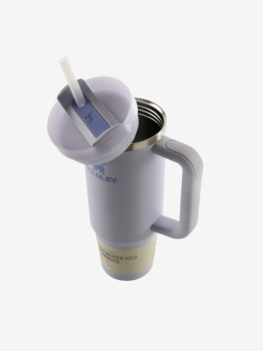 Close up of the blue tumbler, showing texture of the recycled 18/8 stainless steel fabric