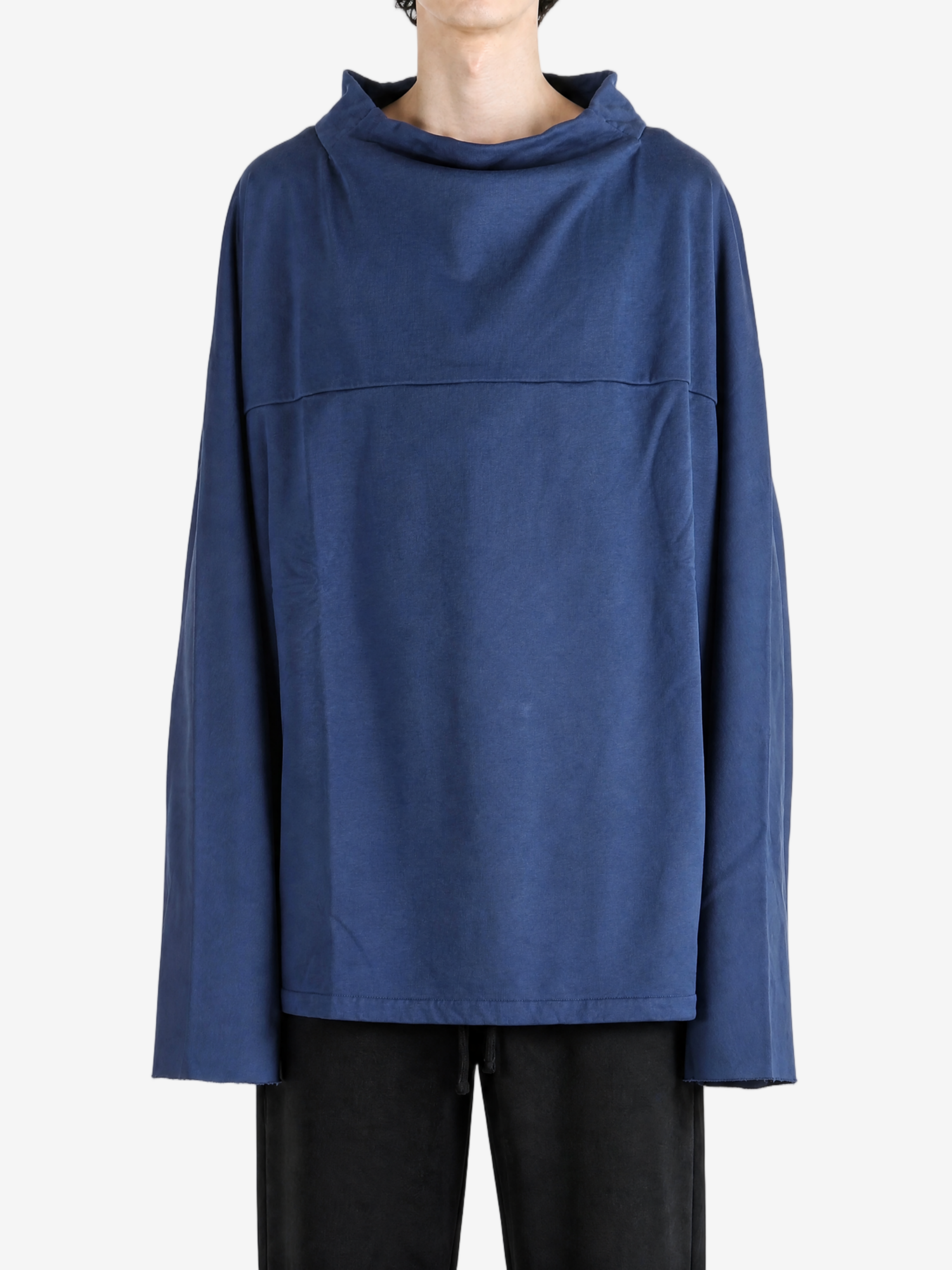 Navy hoodie, full body view