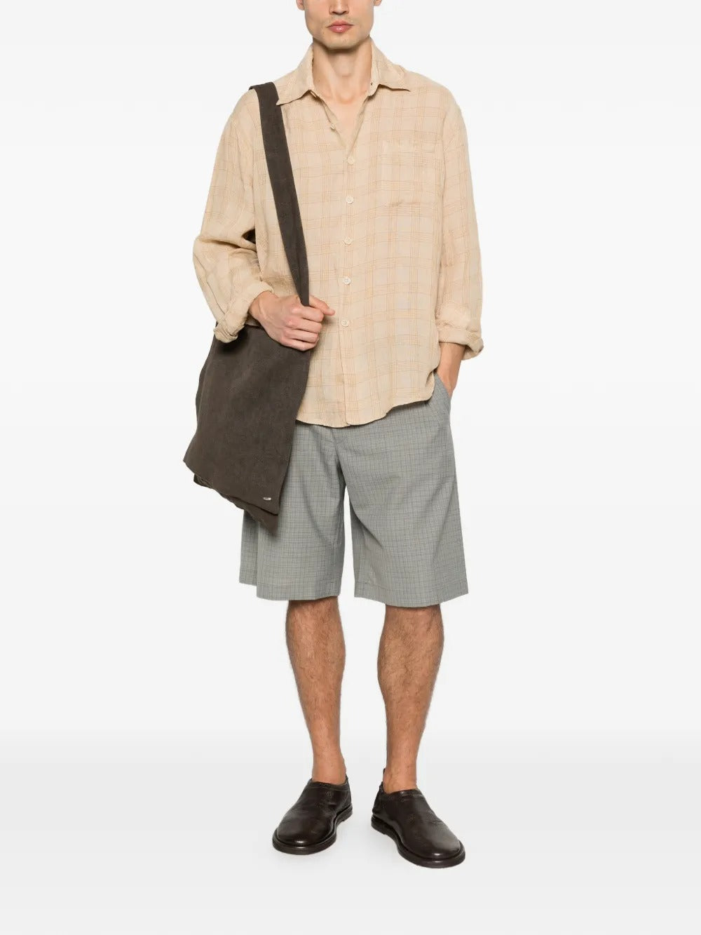 Green shorts, full body view