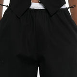 Close up black pants, showing texture of the cotton fabric