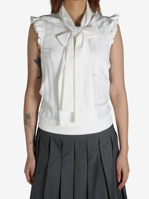 SHUSHU/TONG - Women Sleeveless Ruffled Top with Bow Tie Detail