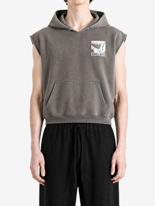 Grey hoodie worn by a person, showing the hoodie fit