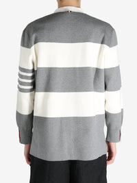 THOM BROWNE - Men Rugby Stripe Milano Stitch  W/4 Bar Stripe V Neck Cardigan