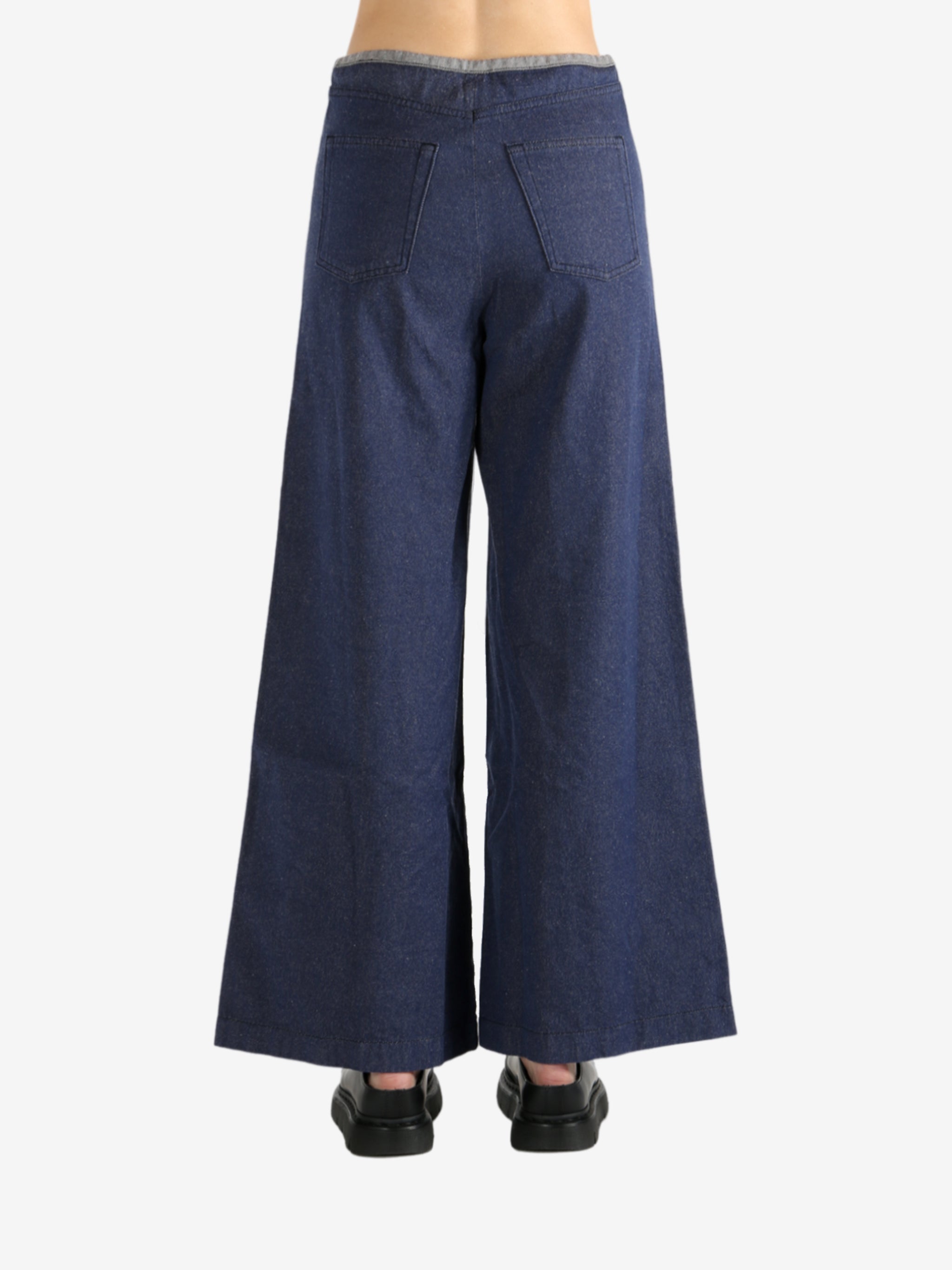 Blue pants worn by a person, showing the pants fit