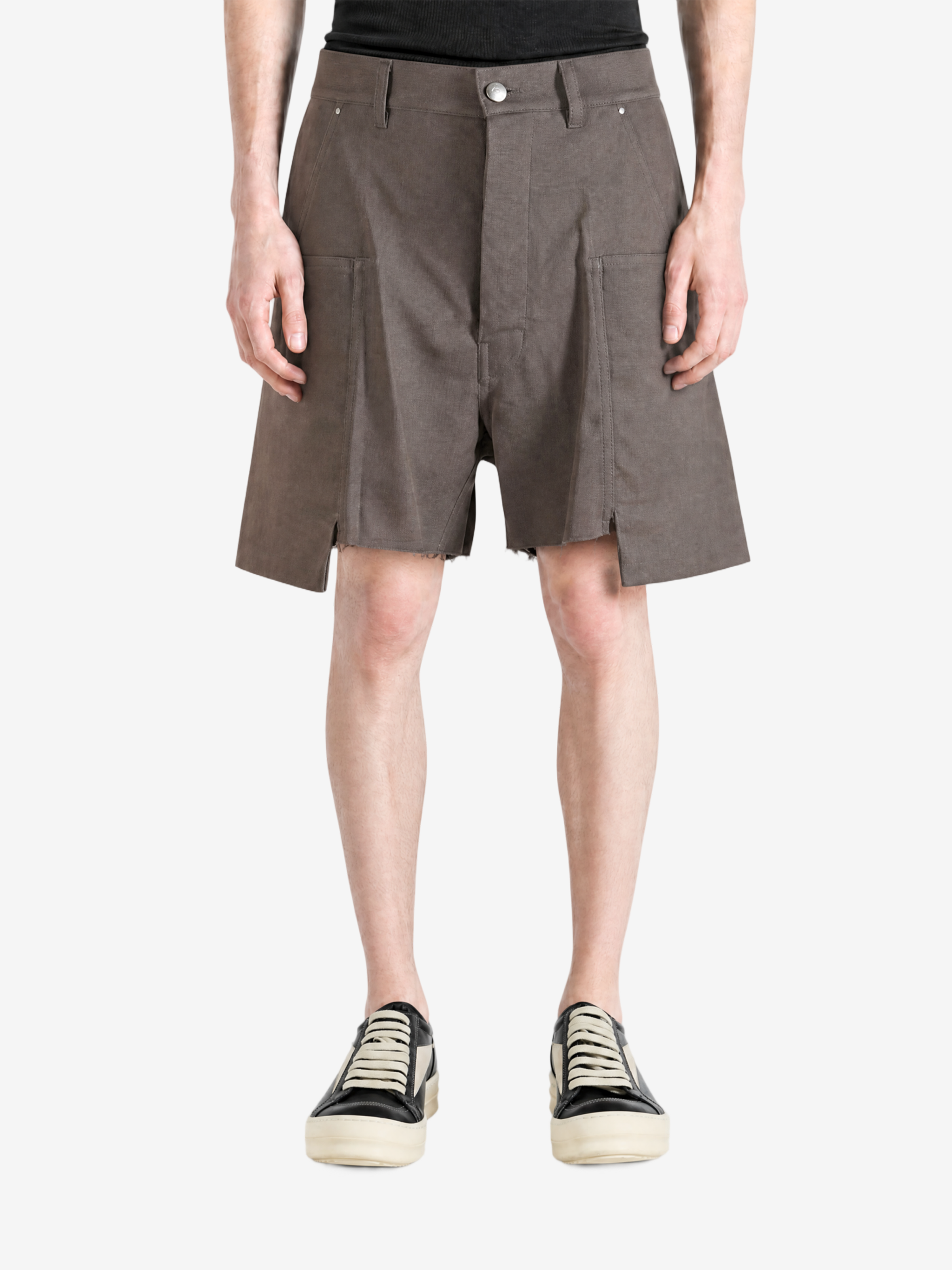 Grey shorts, full body view