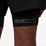 Close up of Black shorts, showing texture of the 82% polyamide/ 18% polyurethane fabric
