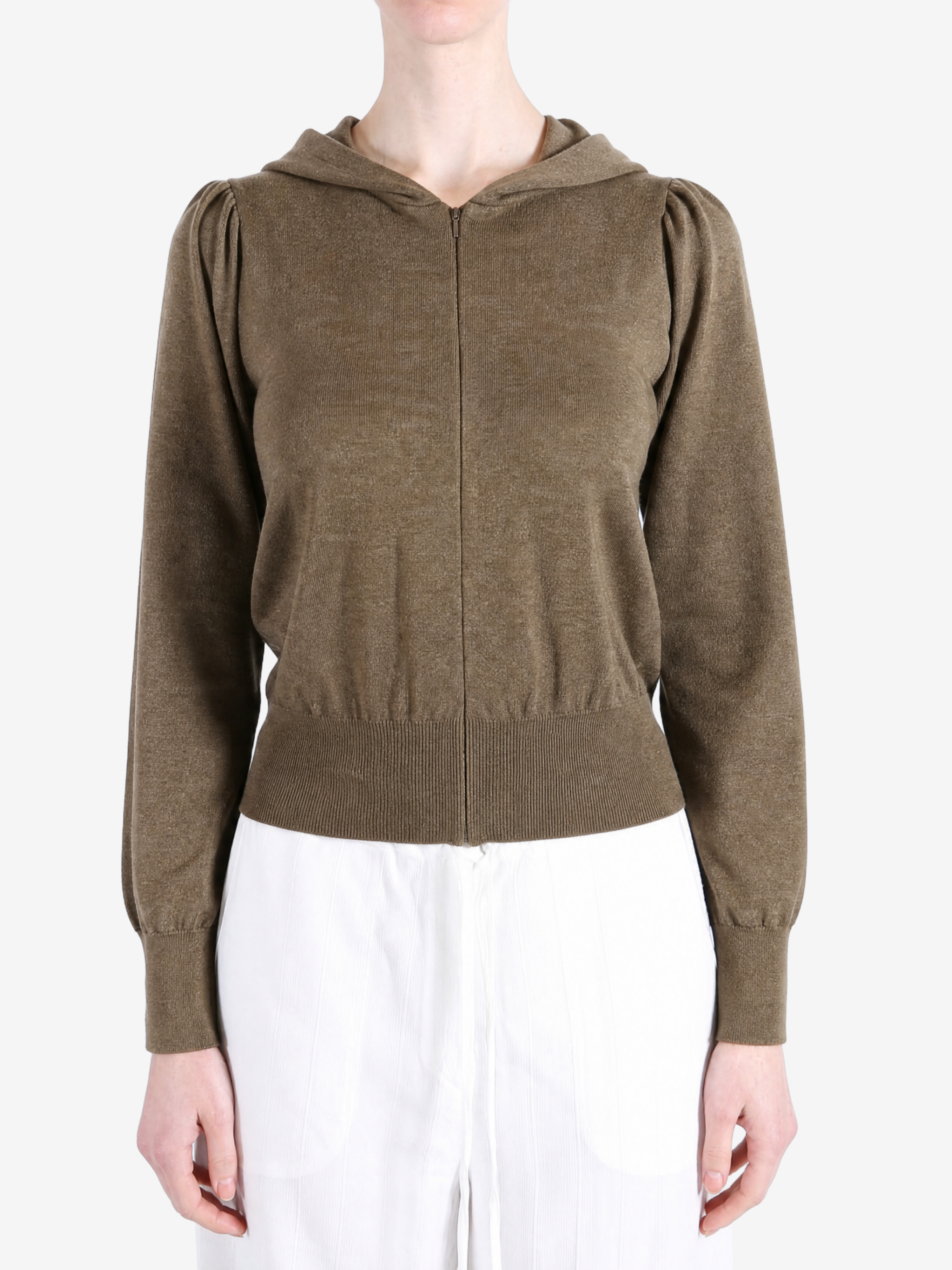 Brown hoodie worn by a person, showing the hoodie fit