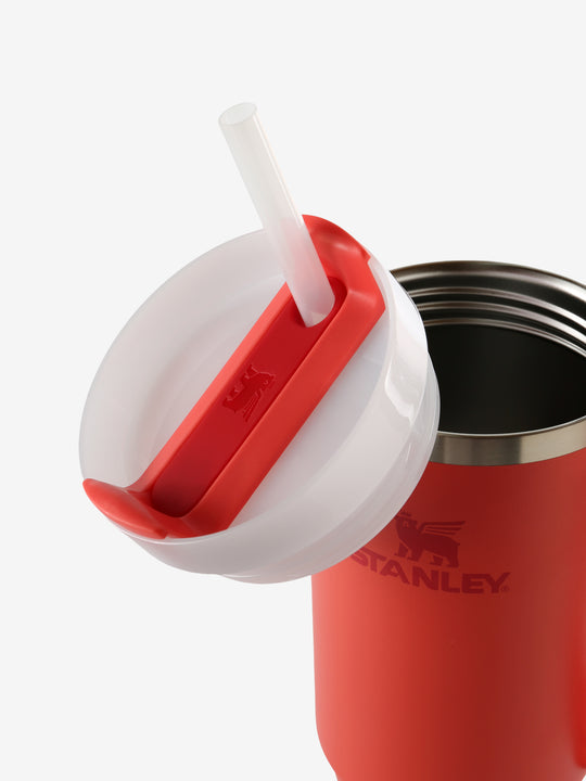 Close up of the red tumbler, showing texture of the stainless steel fabric