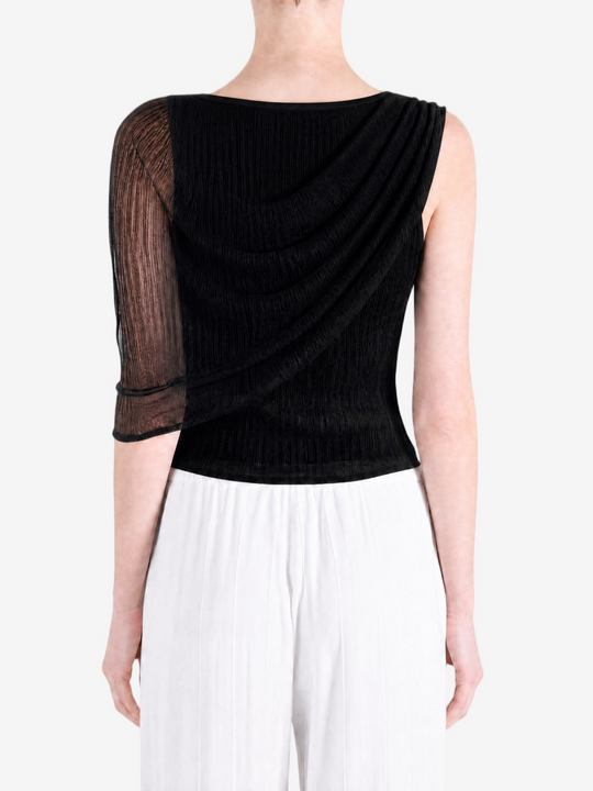 Black top worn by a person, showing the top fit