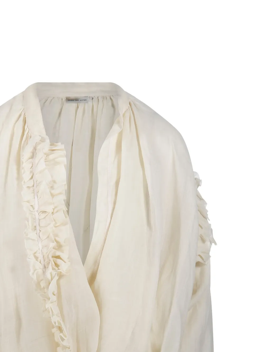 Close up of white shirt, showing texture of the ramie fabric
