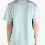 Blue t-shirt worn by a person, showing the t-shirt fit