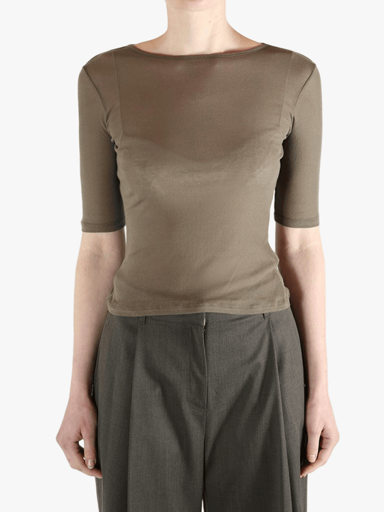 Brown t-shirt worn by a person, showing the t-shirt's fit