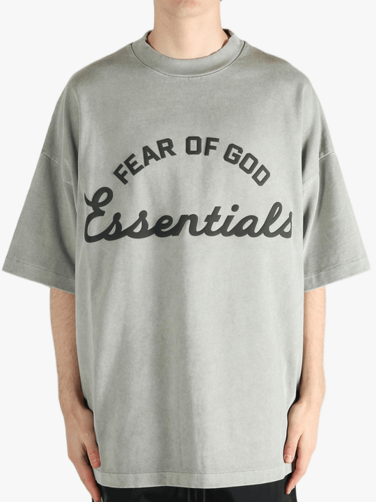 Grey t-shirt worn by a person, showing the t-shirt's fit