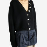 Black cardigan worn by a person, showing the cardigan’s fit