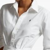Close up of white shirtdress, showing texture of the cotton fabric