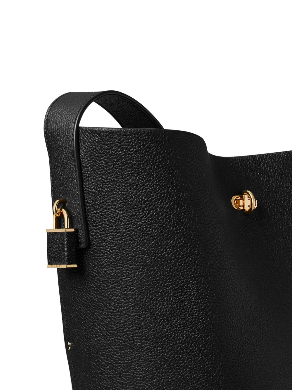 Close up of black bucket bag, showing texture of the Cow Leather fabric