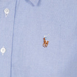 Close up of blue shirtdress, showing Polo Pony motif