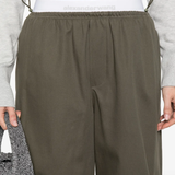 Close up of green pants, showing texture of the Cotton fabric