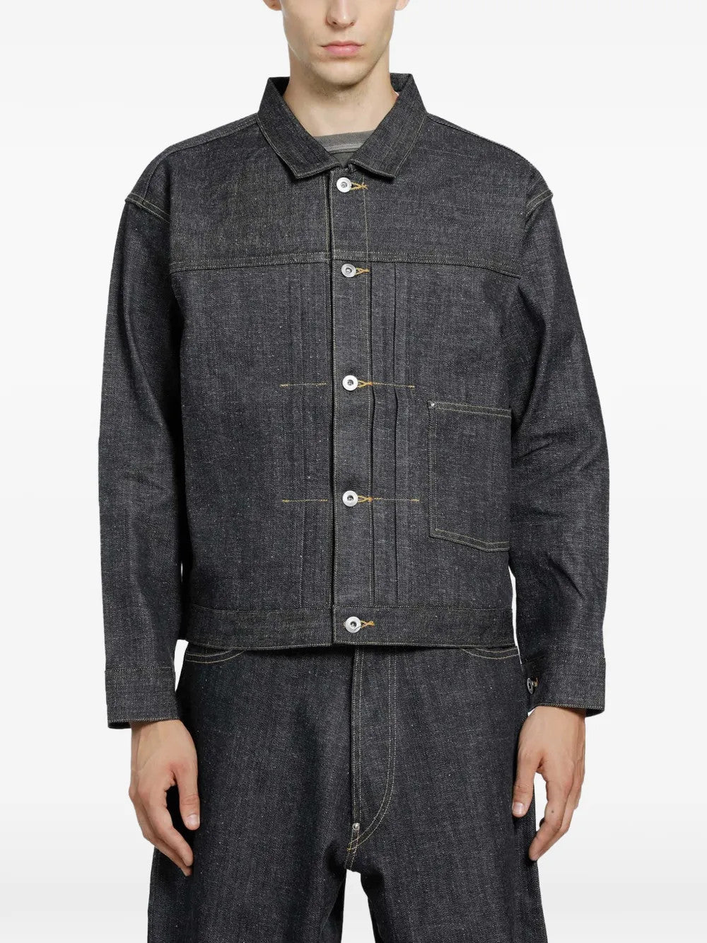 Navy jacket, full body view