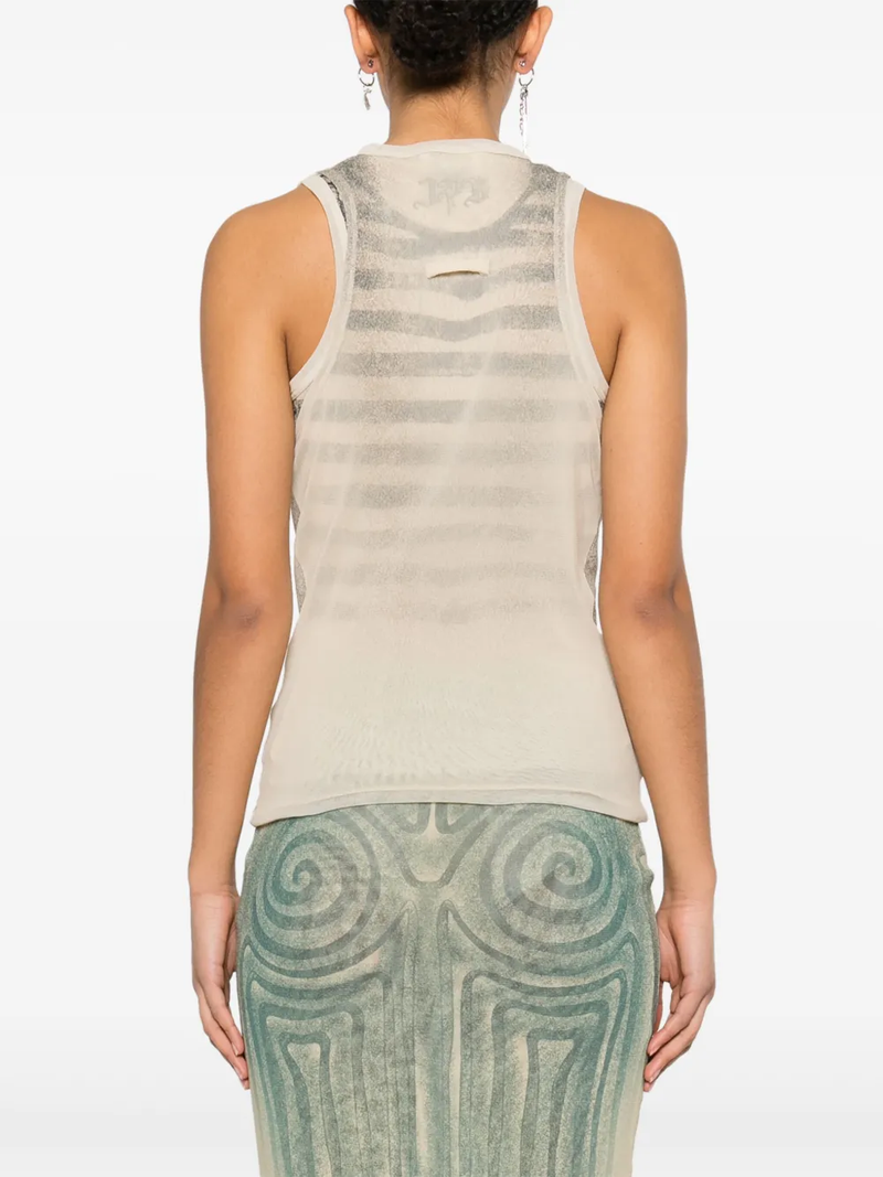 JEAN PAUL GAULTIER - Women Printed "Tattoo Rose & Bird" Double Layer Mesh Tank Top