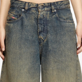 Close up of the blue shorts, showing texture of the lyocell fabric