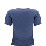 Blue top, back view