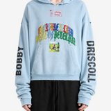 Blue hoodie, full body view
