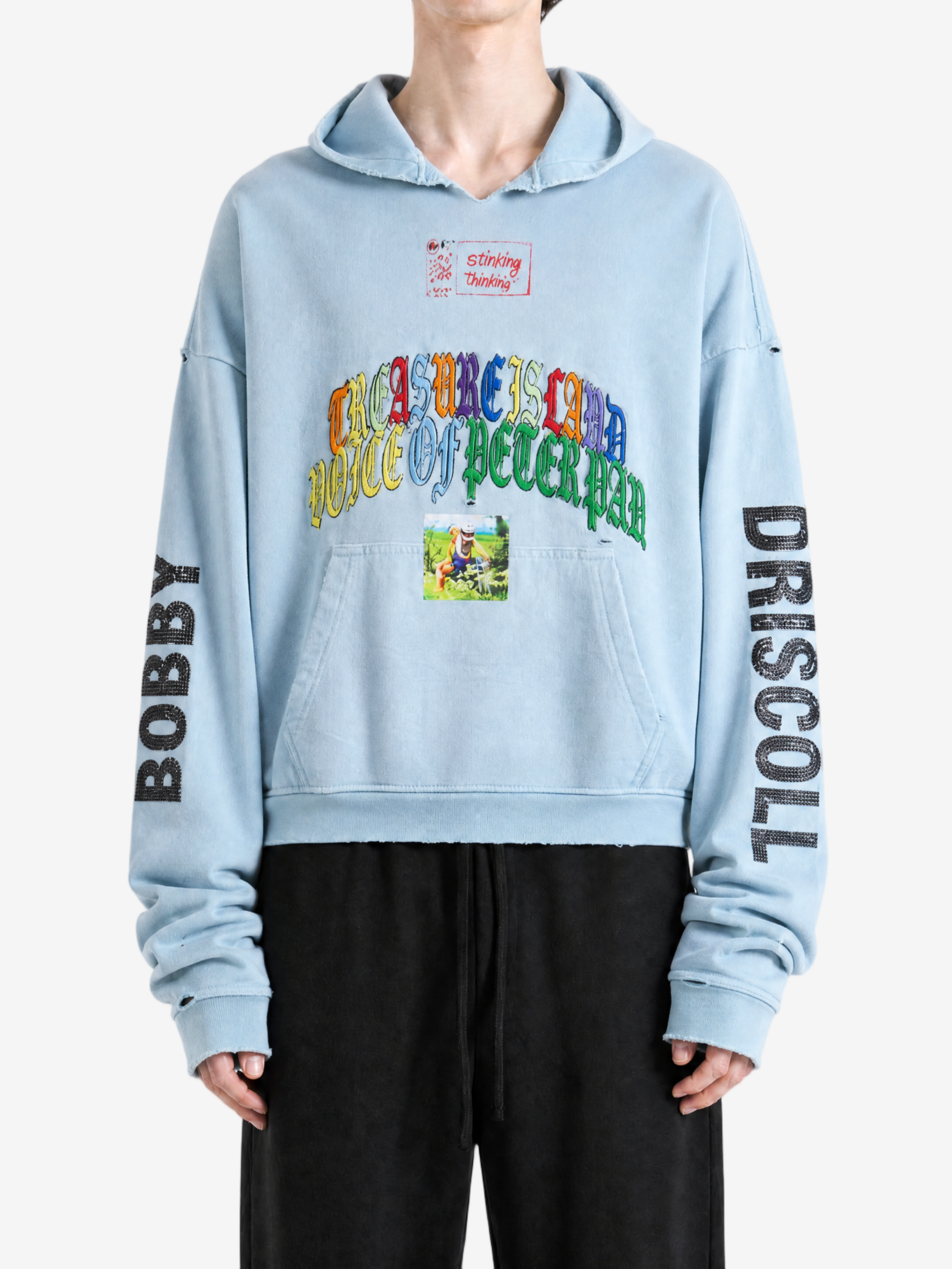 Blue hoodie, full body view