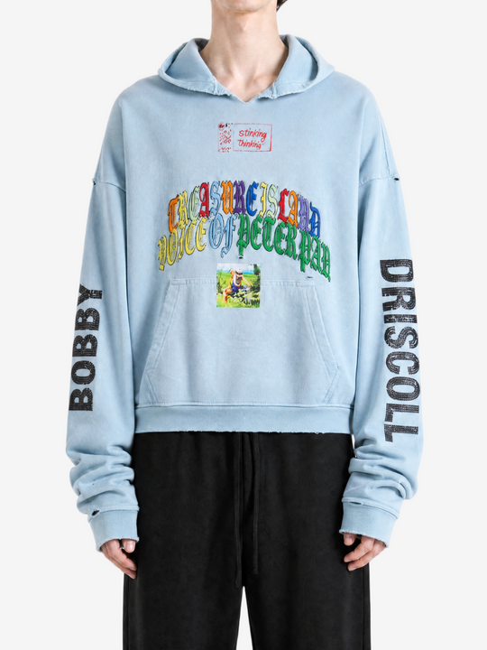 Blue hoodie, full body view
