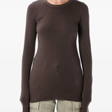 Brown long sleeves worn by a person, showing the T-shirt fit