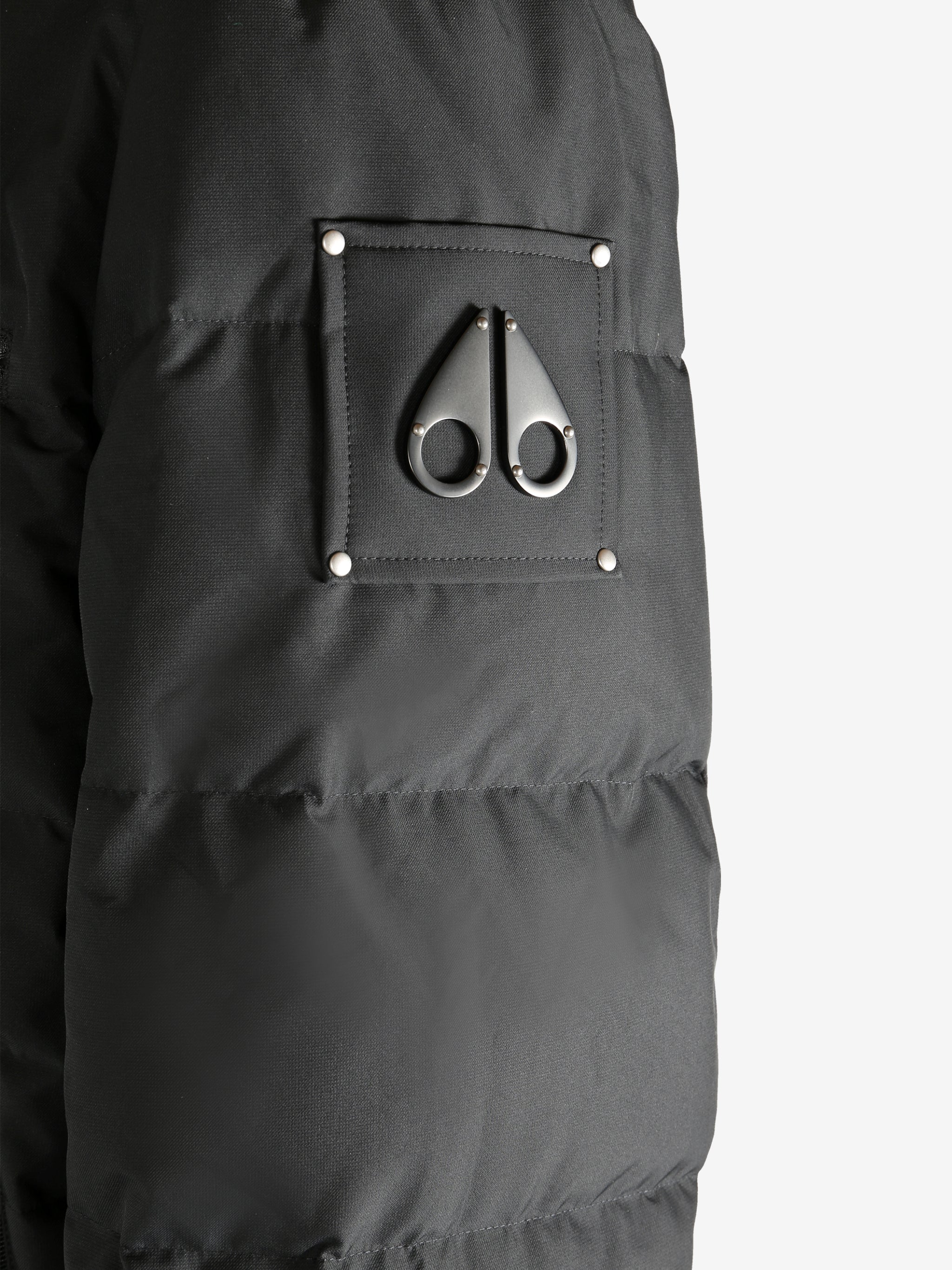 Close up of black coat, showing texture of the nylon fabric