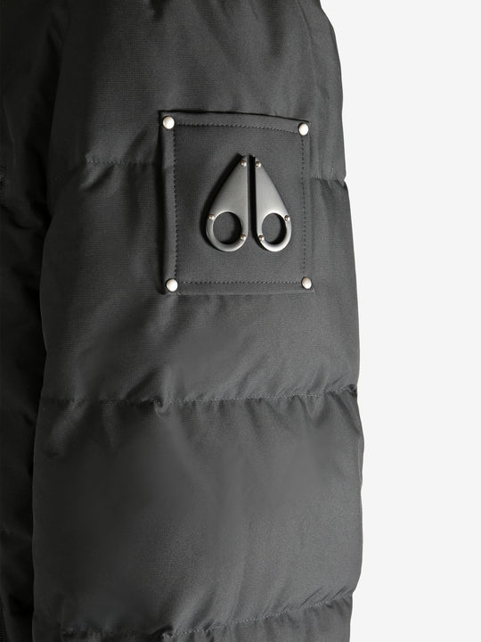 Close up of black coat, showing texture of the nylon fabric