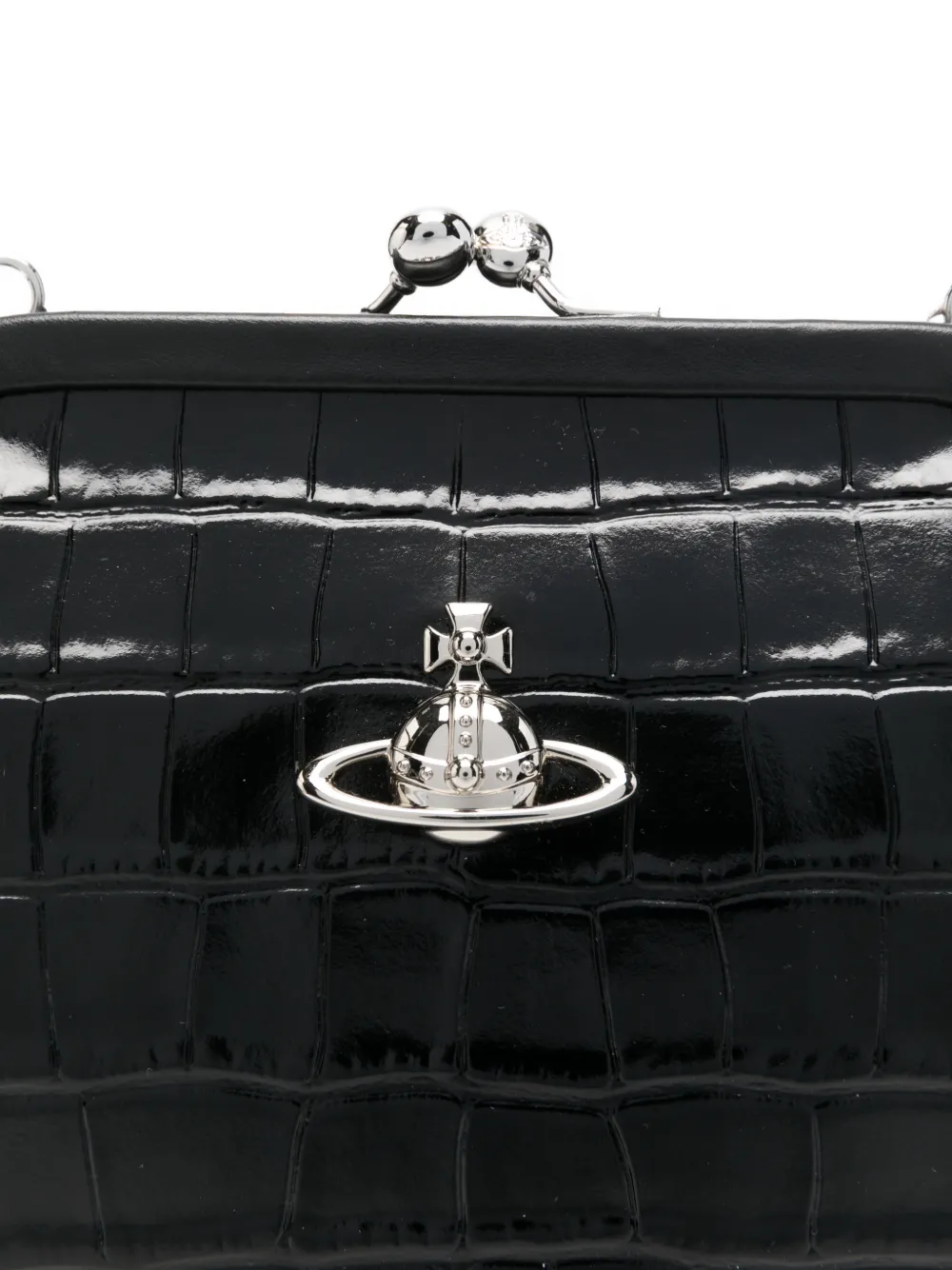 Close up of the black bag, showing texture of the patent calf leather