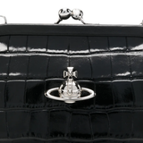 Close up of the black bag, showing texture of the patent calf leather
