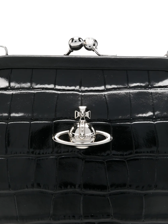 Close up of the black bag, showing texture of the patent calf leather