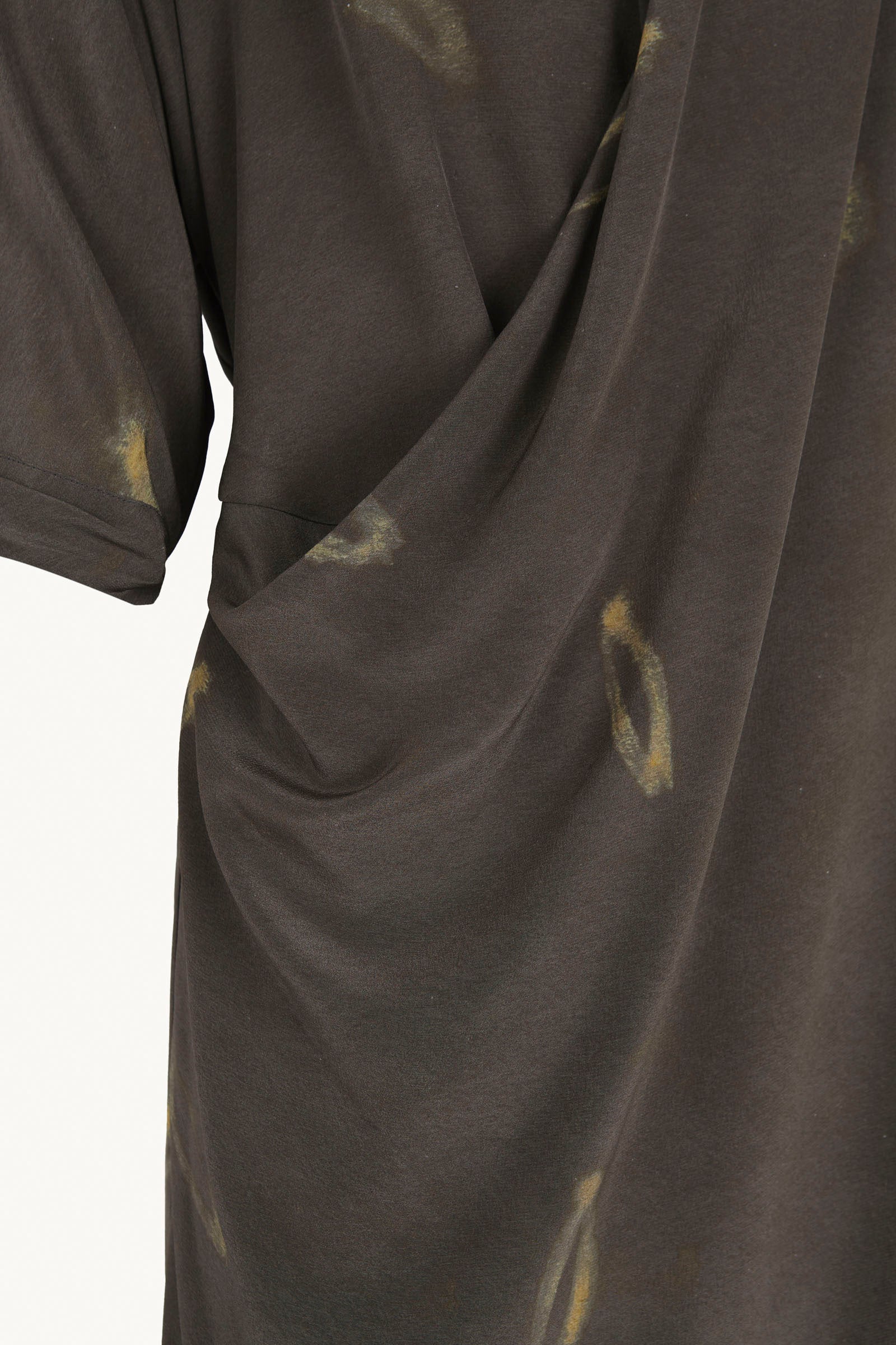 Close up of Brown dress, showing texture of the 100% silk fabric
