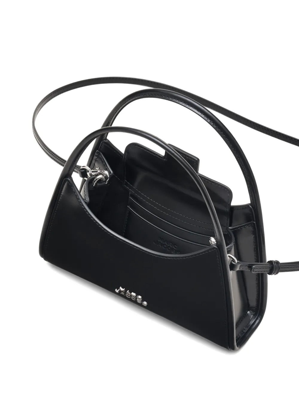 Close up of the black bag, showing texture of the leather fabric