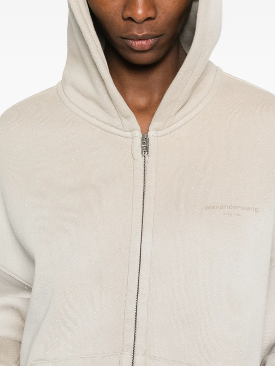Close up of tan hoodie,showing texture of the cotton fabric