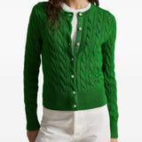 Green cardigan worn by a person, showing the cardigan's fit