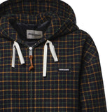Close up of Navy jacket, showing texture of the 100% cotton fabric