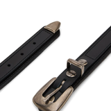 Close up of Black belt, showing texture of the leather fabric