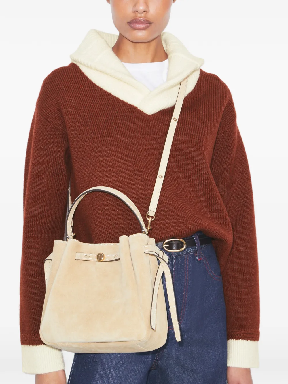 Tan bags worn by a person, showing the bags's fit