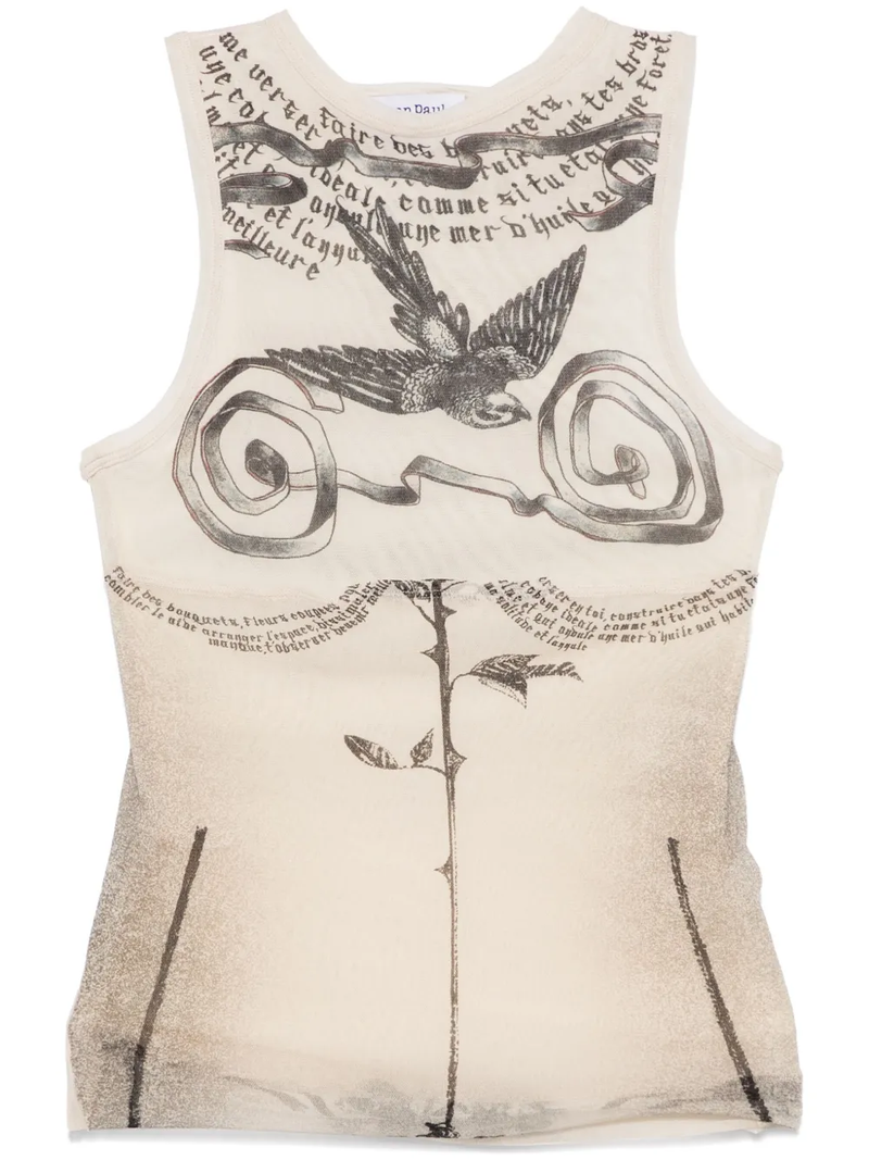 JEAN PAUL GAULTIER - Women Printed "Tattoo Rose & Bird" Double Layer Mesh Tank Top