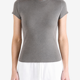 Grey t-shirt worn by a person, showing the t-shirt fit