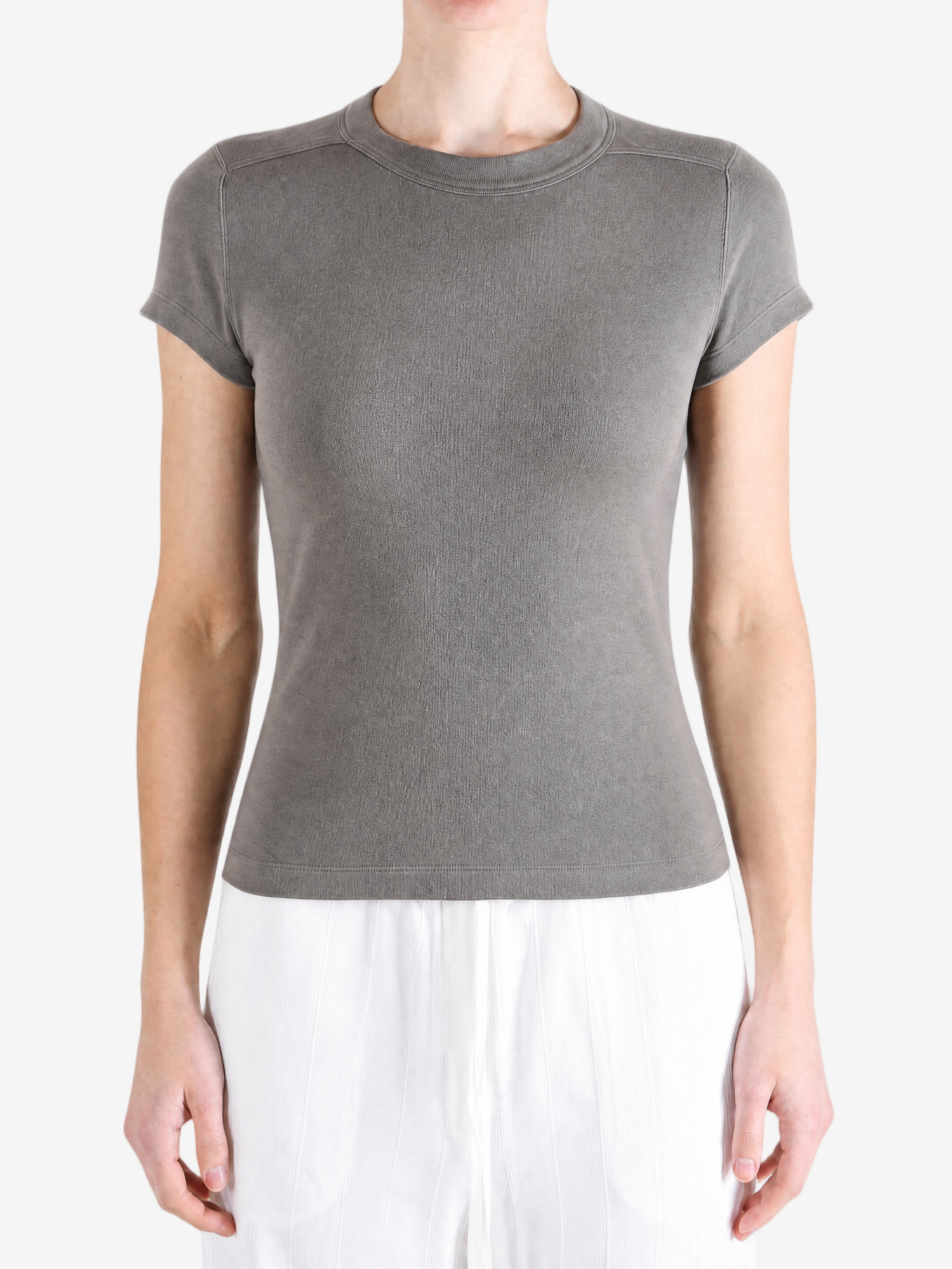 Grey t-shirt worn by a person, showing the t-shirt fit