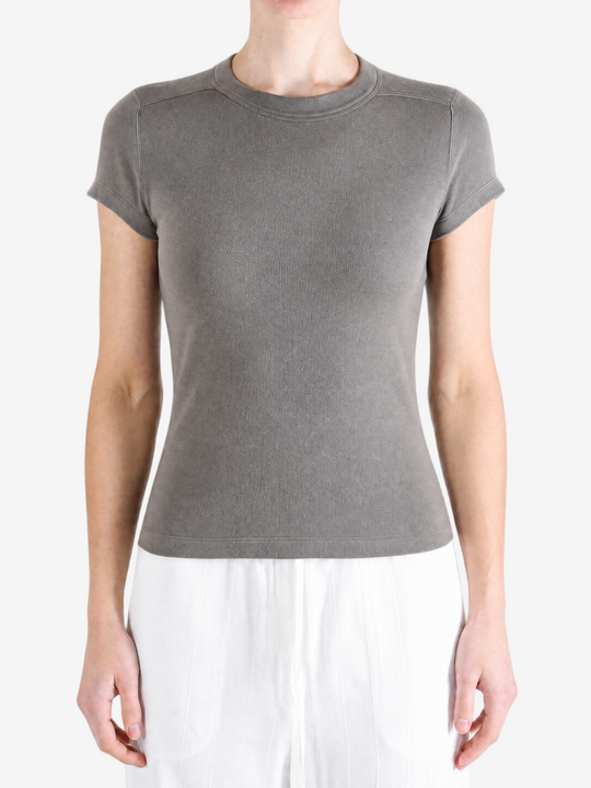 Grey t-shirt worn by a person, showing the t-shirt fit