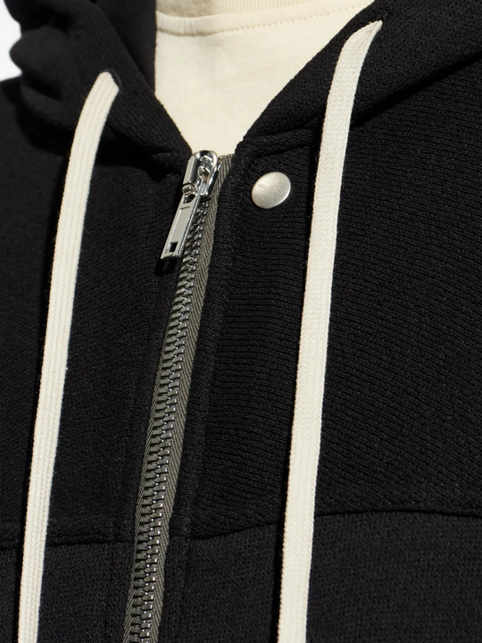 Close up of black Jacket, showing texture of the Cotton fabric